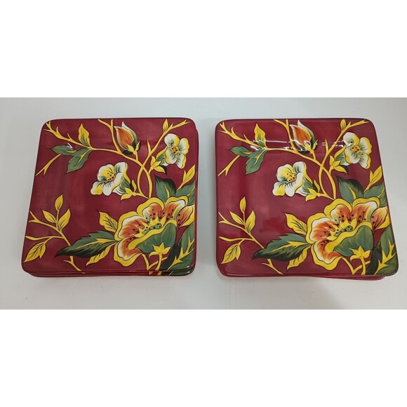 2 Pier 1 CASSANDRA Square Salad Plates Red Floral Replacement 8.5" - Picture 1 of 5